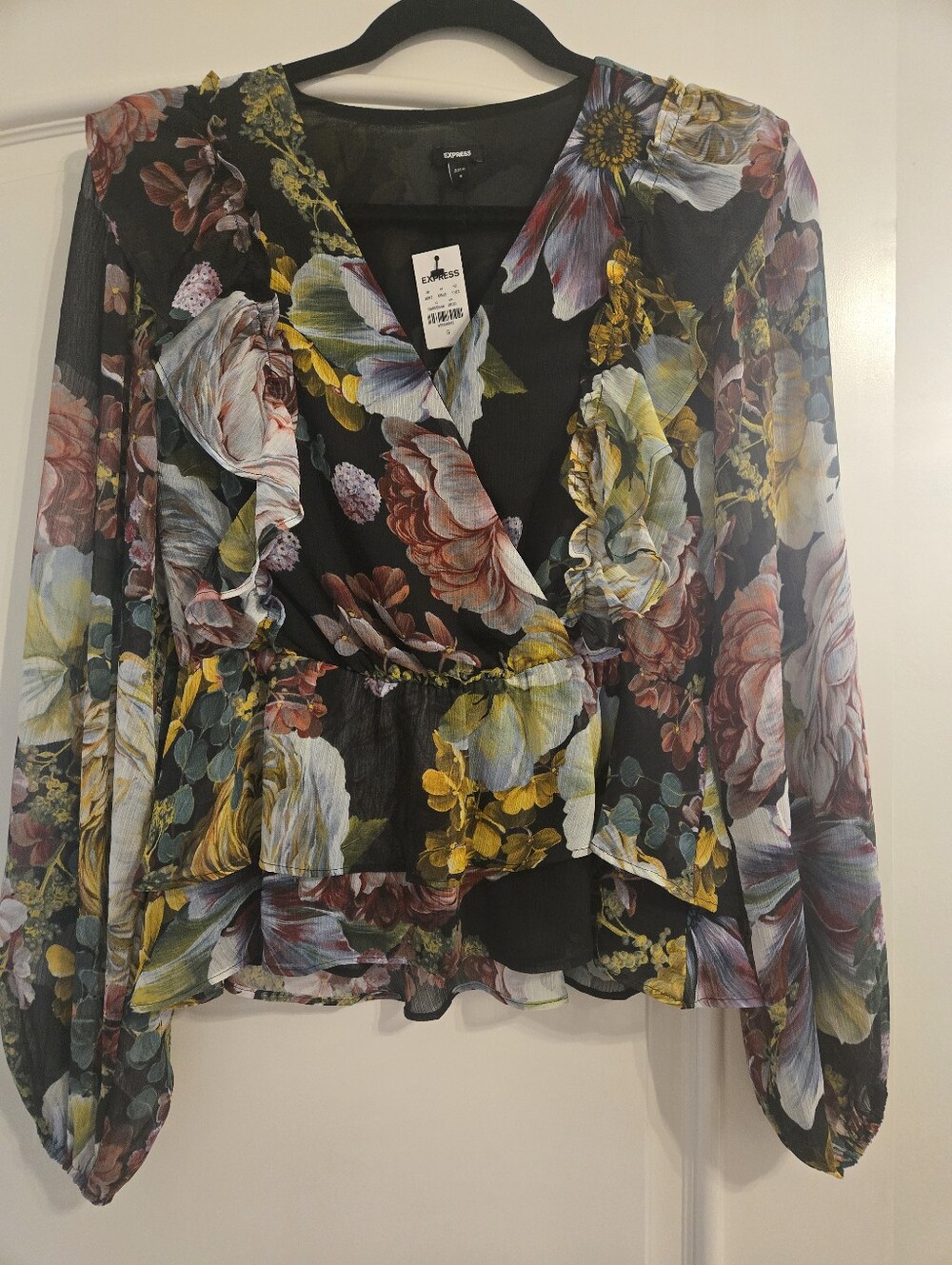 Express Black Floral Print Ruffle Sleeve Peplum Faux Wrap Blouse